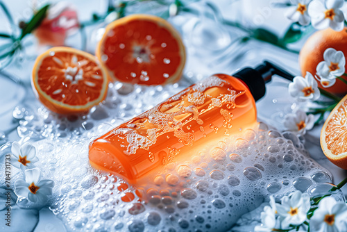 Orange citrus shower gel bottle mockup on soapy clean background with bubbles and flowerts. Copy space photo