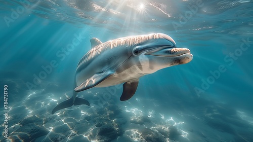  An Amazon river dolphin glides gracefully through crystal-clear waters, bathed in the soft morning light that creates a shimmering effect on its sleek, silver-grey skin-2