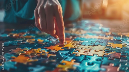 Business solutions concept with female hand touch and connecting puzzle jigsaw. AI generated image