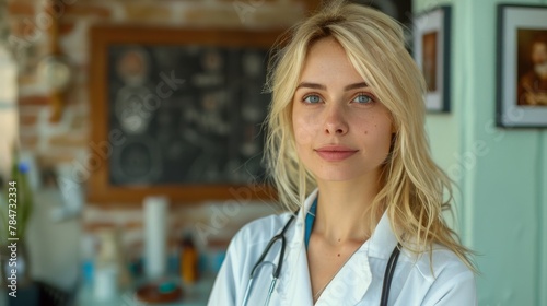 A female doctor with a stethoscope poses in an environment with warm, natural lighting photo