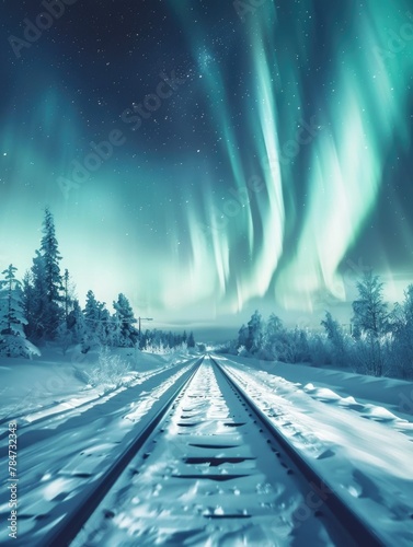 Snow-covered train track in a winter forest, suitable for travel or nature themes