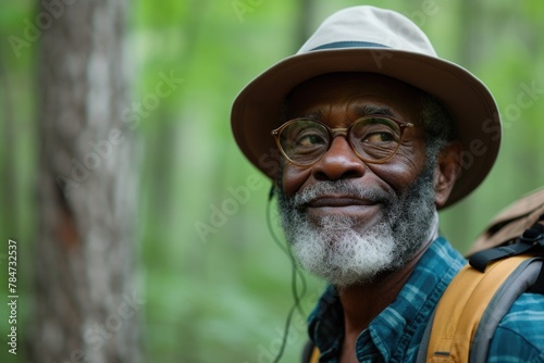 A man wearing a hat and glasses in the woods