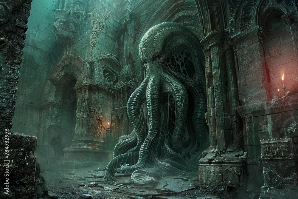 An ancient Cthulhu in a forgotten temple, hyperdetailed stonework and eerie torchlight illuminating its grotesque form, immersive atmosphere - obrazy, fototapety, plakaty 