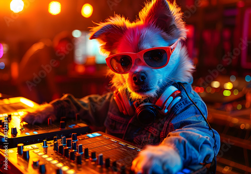 Anthropomorphic dog DJ enjoying a trendy club night party on International Music Day photo
