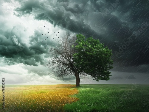 A lone tree with half lush leaves and half bare branches under stormy skies, split image showing impact of changing climates photo