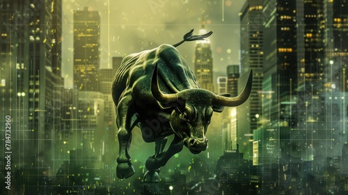 Bull Market Surge: Strength in the Financial District - A formidable bull stands against the backdrop of a glowing financial district, symbolizing market strength.