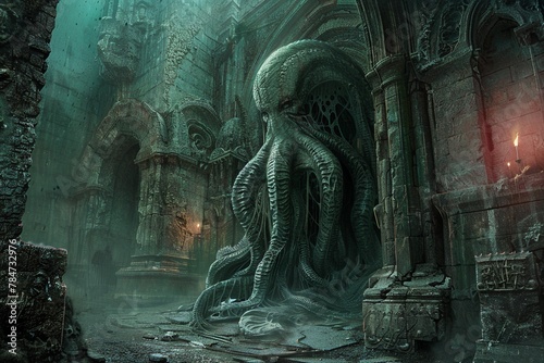 An ancient Cthulhu in a forgotten temple, hyperdetailed stonework and eerie torchlight illuminating its grotesque form, immersive atmosphere photo