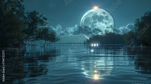  A hidden alcove in the mangrove forest reveals a saltwater crocodile's secret resting place, bathed in ethereal moonlight-1
