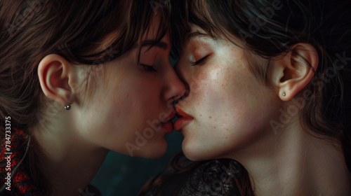 Two woman kissing in love, close up shot.