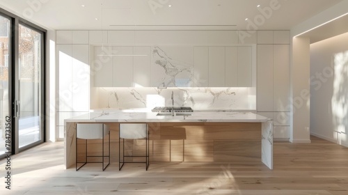 A sleek and modern kitchen design featuring a white marble island, wooden stools, and ample natural light © Vuk