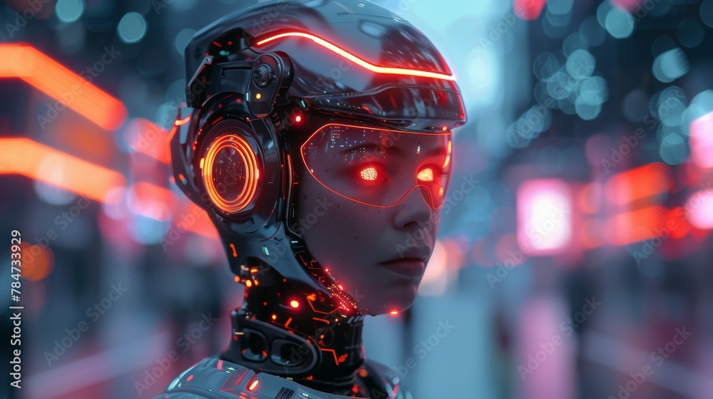 A highly detailed female android with glowing red eye elements and helmet in a neon-lit urban setting A highly detailed female android with glowing red eye elements and helmet in a neon-lit urban setting