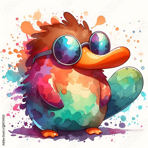 Playful Cartoon Platypus: Abstract Watercolor Painting with Colorful Details and Sunglasses, Ideal for T-shirt Prints or High-Quality Wall Art. photo