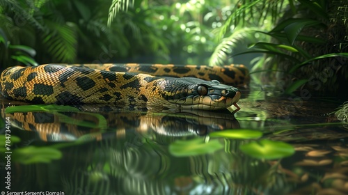  An anaconda gracefully coils around a massive tree trunk in the heart of a lush, vibrant jungle-4
