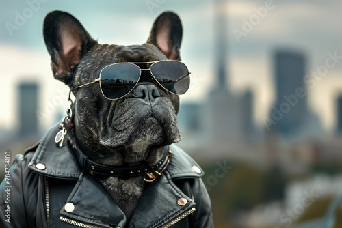French bulldog with aviator sunglasses and leather jacket photo