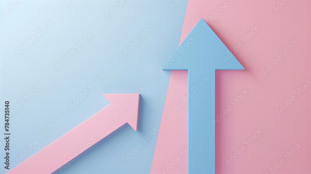 Simple blue and pastel pink three-dimensional upward arrow, shiny, simple plain background, copy space Simple blue and pastel pink three-dimensional upward arrow, shiny, simple plain background, copy space