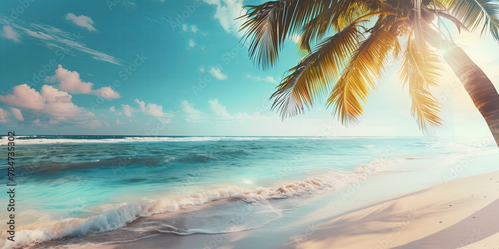 Fototapeta premium Sunny tropical beach with coconut trees, palm leaves against the backdrop of the sea. Summer theme. vacation concept