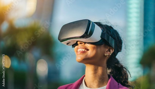 Metaverse digital Avatar, Metaverse Presence, digital technology, cyber world, virtual reality, futuristic lifestyle. Woman in VR glasses playing AR augmented reality NFT game with neon blur