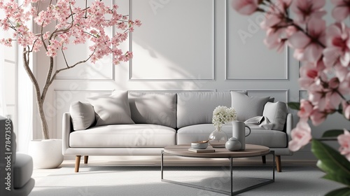 interior of stylish living room with grey sofa and blooming sakura branches on coffee table