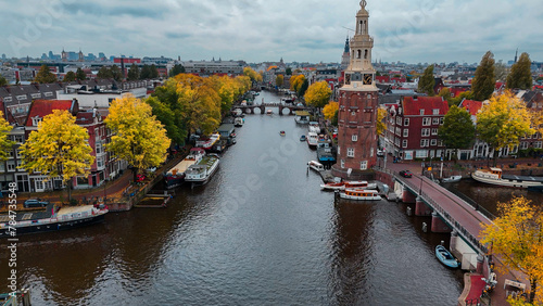 Photography Aerial drone view Amsterdam autumn cityscape narrow old houses, canals, boats bi