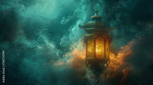A captivating image of a glowing Arabic lantern suspended among ethereal clouds, radiating a warm, inviting light against a dramatic, moody sky.