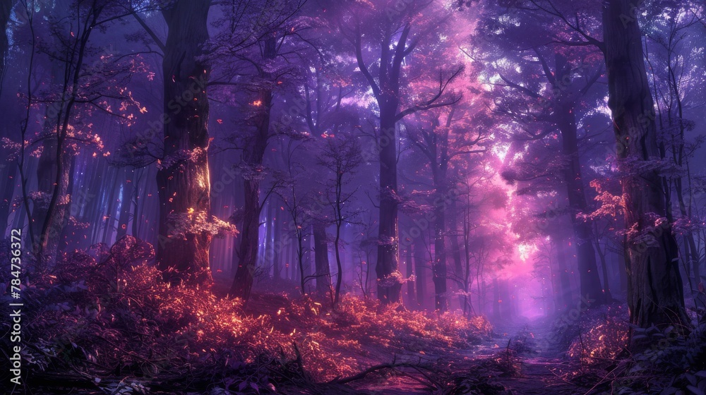 A mystical forest bathed in purple hues features towering trees with radiant leaves, light mist enhancing the magical ambiance, and a path strewn with fallen leaves.