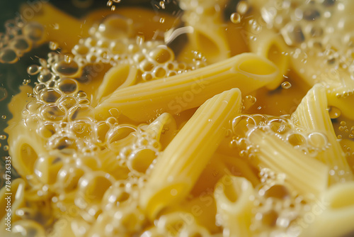 Italian cuisine concept. Boiling penne in splashes of hot water. Close up shot