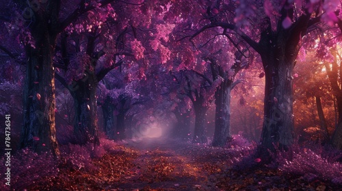 A mystical forest bathed in purple hues features towering trees with radiant leaves, light mist enhancing the magical ambiance, and a path strewn with fallen leaves. photo