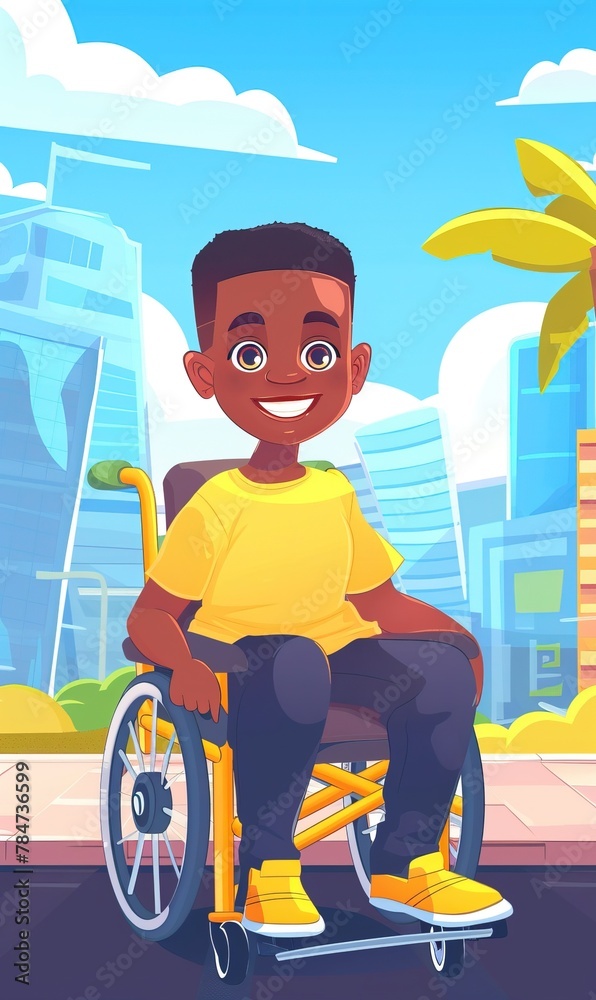 A cheerful animated character in a wheelchair is depicted in a vibrant urban setting