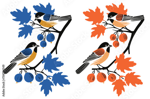 Set of two magpie birds on branches with gooseberry fruits.  Blue and orange. Flat design vector illustration, duotone, 2d, minimalist geometric, isolated on white background