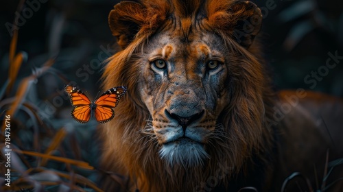 An enchanting scene of a majestic lion calmly observing a colorful butterfly amidst a dreamy  sunlit forest. The image captures a serene and peaceful moment in nature.