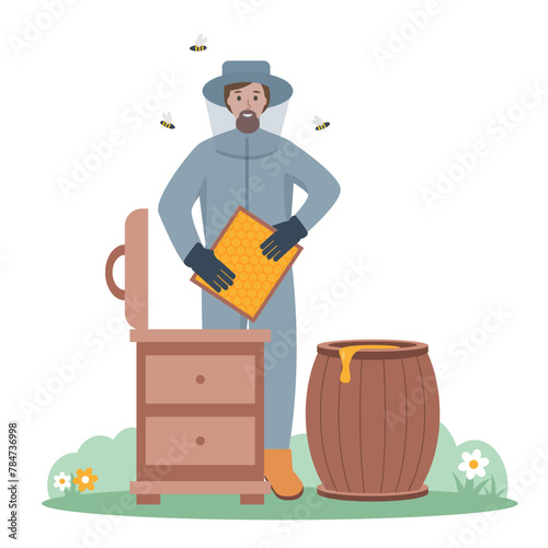 Beekeeper in protection suit with honeycomb extracting honey from beehive. Male character Farmer man with bees isolated on white background. Farming concept Vector illustration. © Елена Истомина