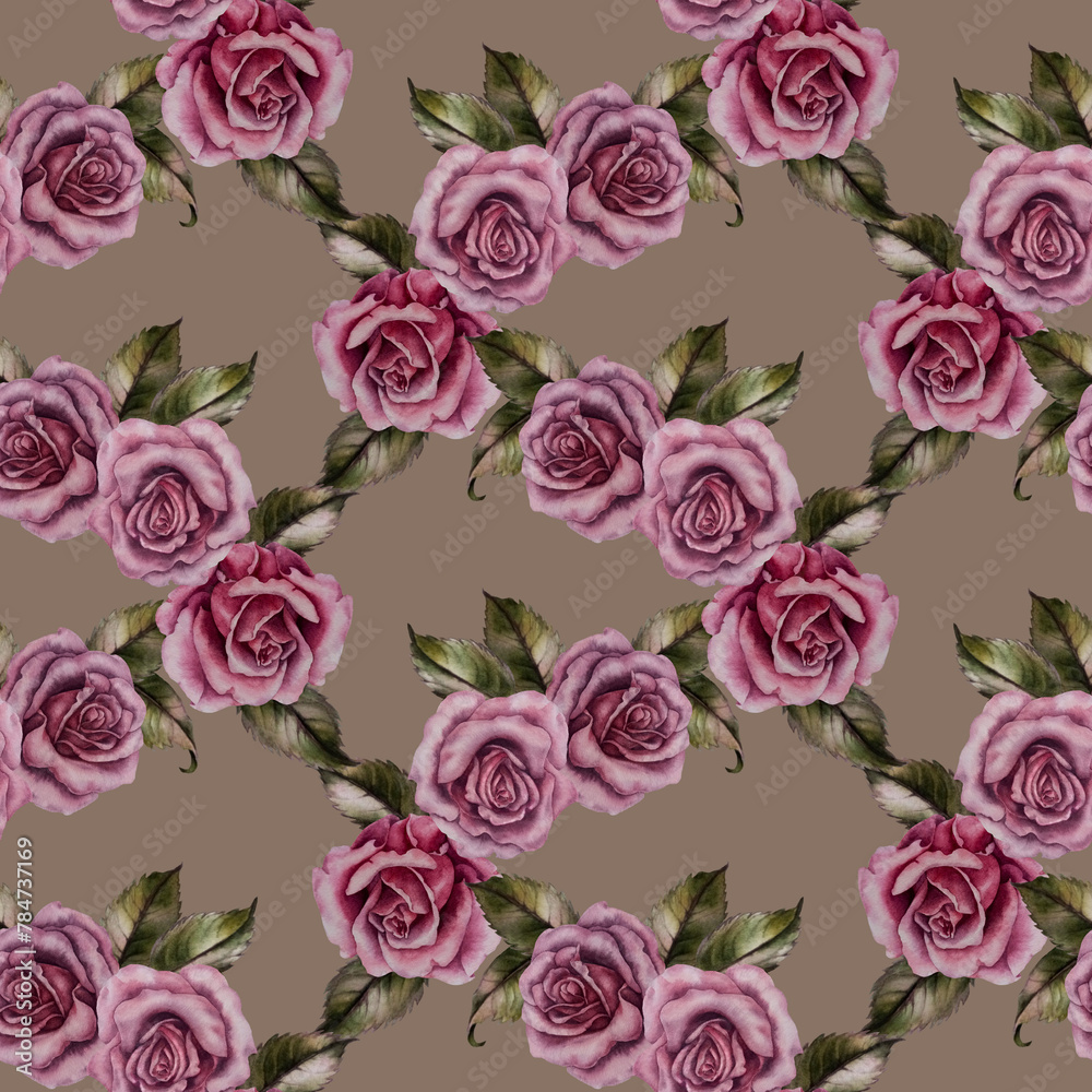 Seamless floral pattern of pink powder roses as watercolor illustration in vintage style for wedding, birthday, valentine's day, mother's day, textile, bedding, packaging, scrapbooking, wrapping, card