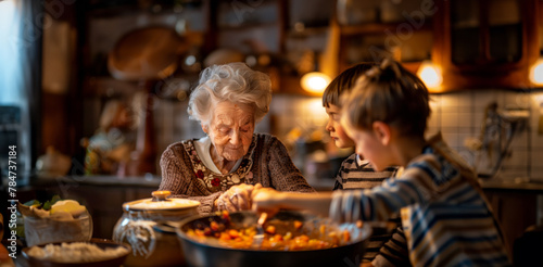 Grandmother with grandchildren in the kitchen cooking dinner  a joint time spent in the kitchen by a large family 