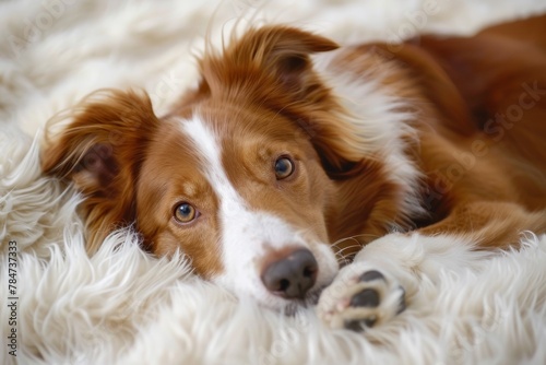 The border collie breed lies on a fluffy carpet, bedspread. The dog is resting