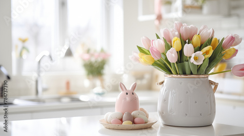 An iron pot with Easter eggs, flowers and rabbits on the table.In the background is a white Scandinavian-style kitchen.