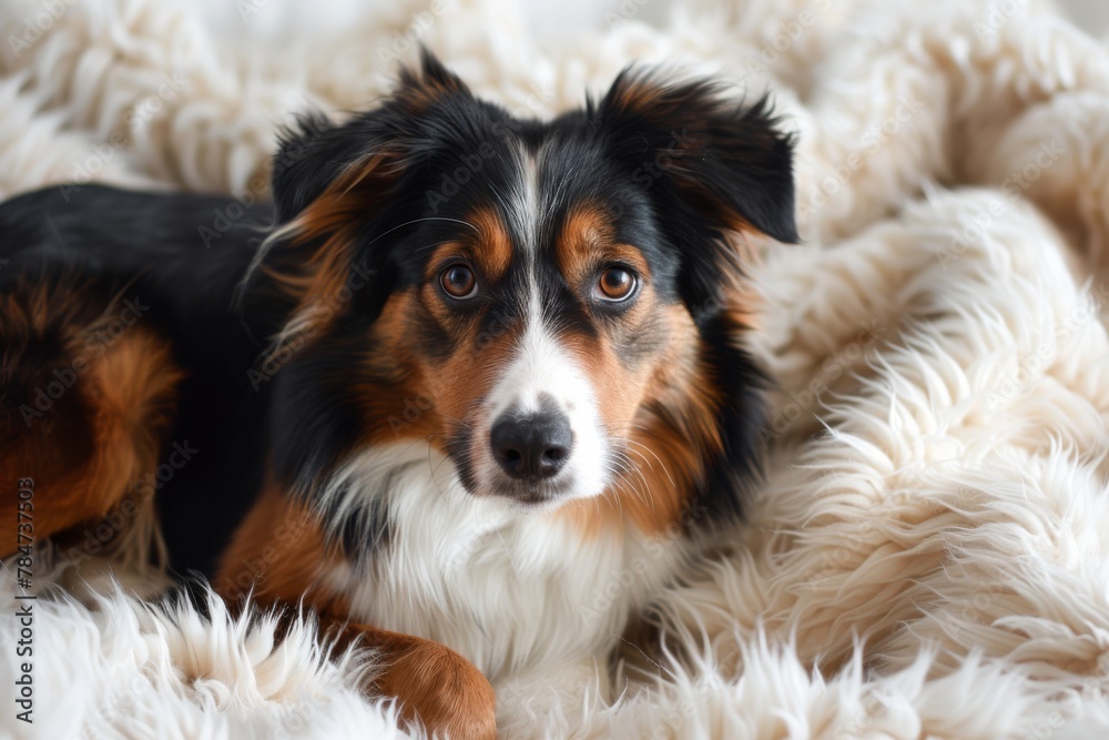 A black border collie breed lies on a fluffy carpet or bedspread. The dog is resting