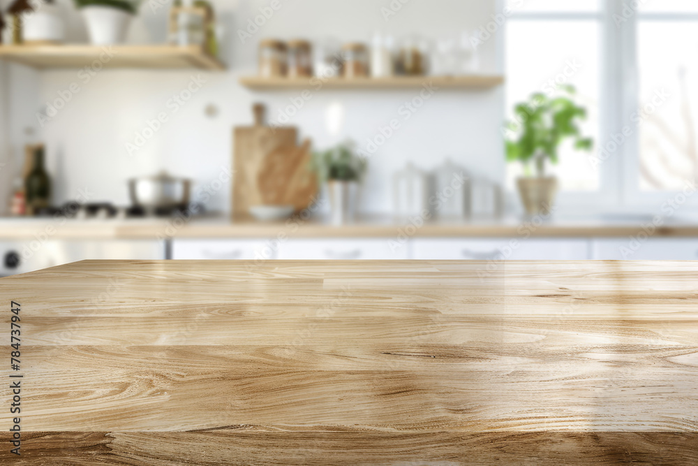 Empty Beautiful wood table top and blur bokeh modern kitchen interior background in clean and bright Empty Beautiful wood table top and blur bokeh modern kitchen interior background in clean and bright