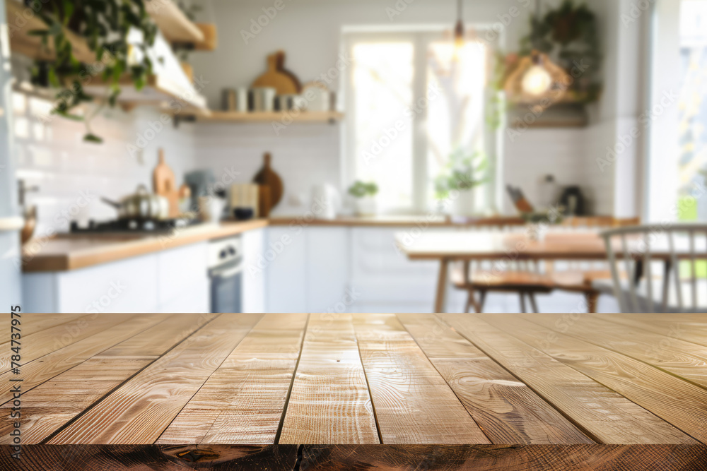 Empty Beautiful wood table top and blur bokeh modern kitchen interior background in clean and bright Empty Beautiful wood table top and blur bokeh modern kitchen interior background in clean and bright