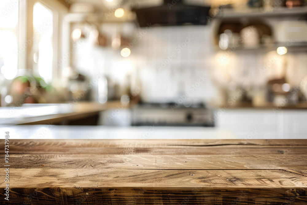Empty Beautiful wood table top and blur bokeh modern kitchen interior background in clean and bright Empty Beautiful wood table top and blur bokeh modern kitchen interior background in clean and bright