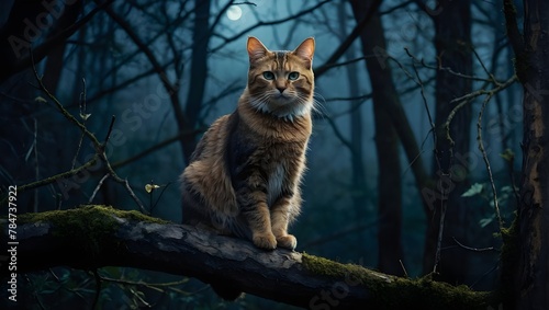 A majestic cat perched on a mossy branch, surrounded by the enigmatic beauty of a dark, mystical forest, radiating wild freedom