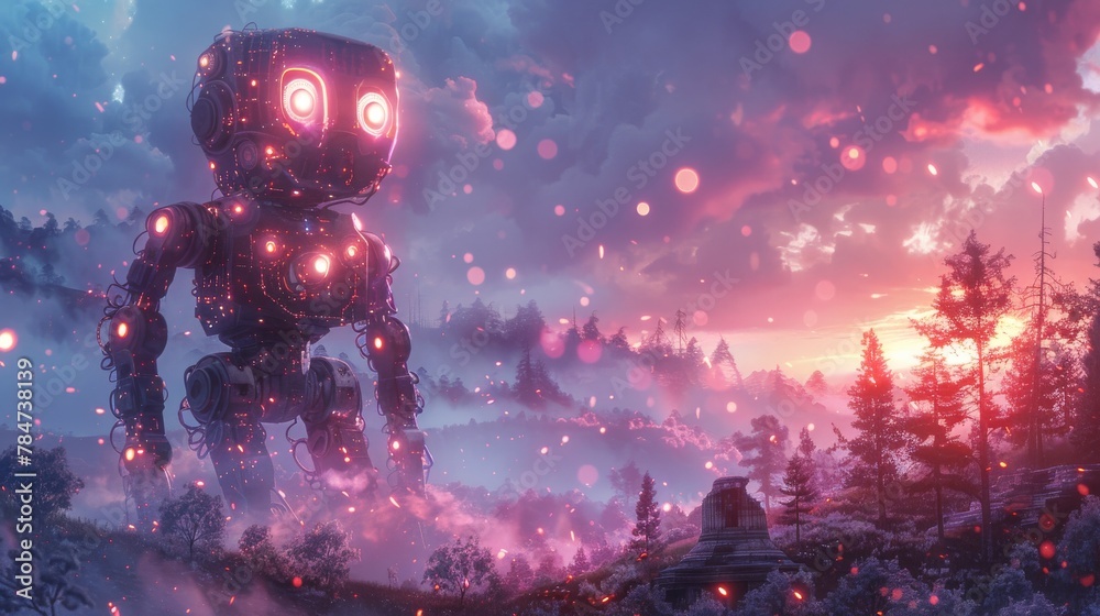 A captivating image of a charismatic robot wandering through a vibrant, magical forest. The scene is set against a brilliant sunset, filled with floating lights and a dreamy landscape. - obrazy, fototapety, plakaty 