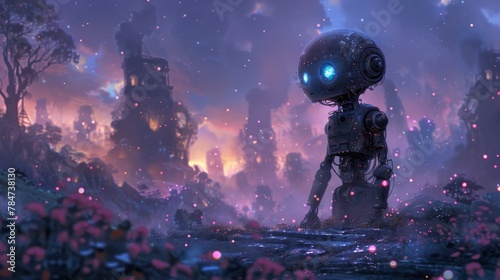 A captivating image of a charismatic robot wandering through a vibrant, magical forest. The scene is set against a brilliant sunset, filled with floating lights and a dreamy landscape.