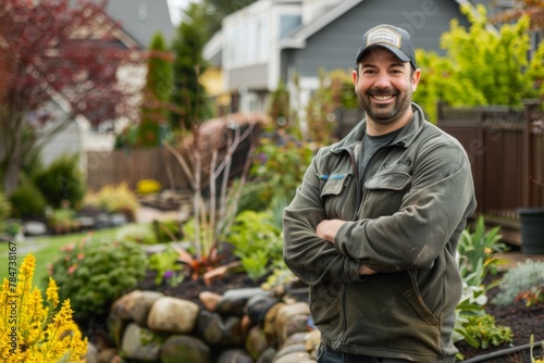 Smiling landscaping and gardening contractor in backyard garden