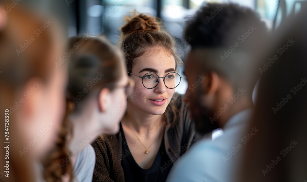 Beautiful woman employee talking on meeting with diverse colleagues, working on marketing strategies. Beautiful woman employee talking on meeting with diverse colleagues, working on marketing strategies.