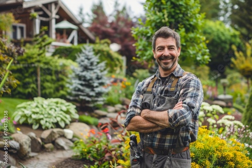Landscaping and gardening contractor in backyard garden