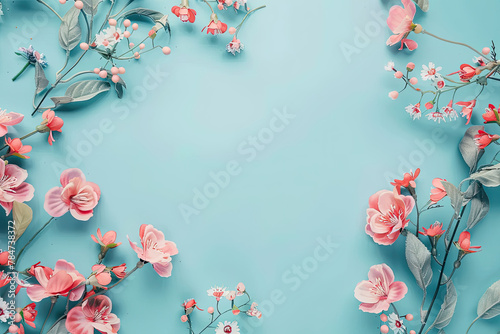 Floral Frame on Blue Background - Wedding, Women's Day, Mother's Day Concept
