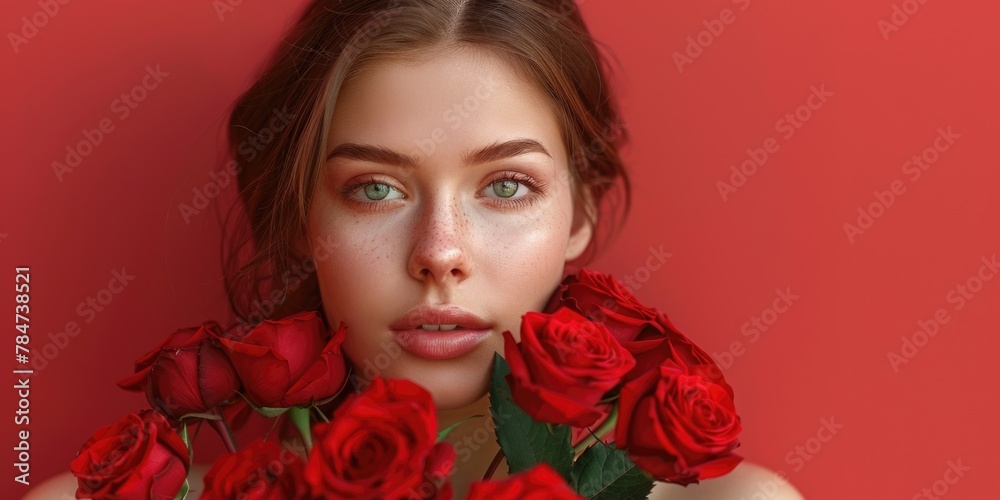 Woman holding bunch of red roses Woman holding bunch of red roses