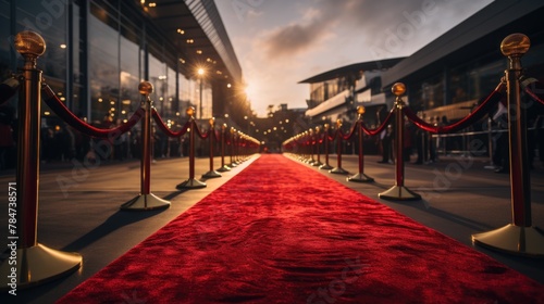 Red carpet lined along building facade photo