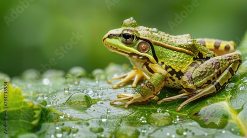 Frog sitting on top of a green leaf