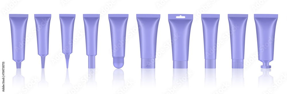 Set of violet cosmetic tubes. Closed blank tubes with caps. Realistic mockup. Long nozzle tube. for ointment or salve. Gel serum. Korean packaging. Lip gloss. Toothpaste. Hand cream - obrazy, fototapety, plakaty 
